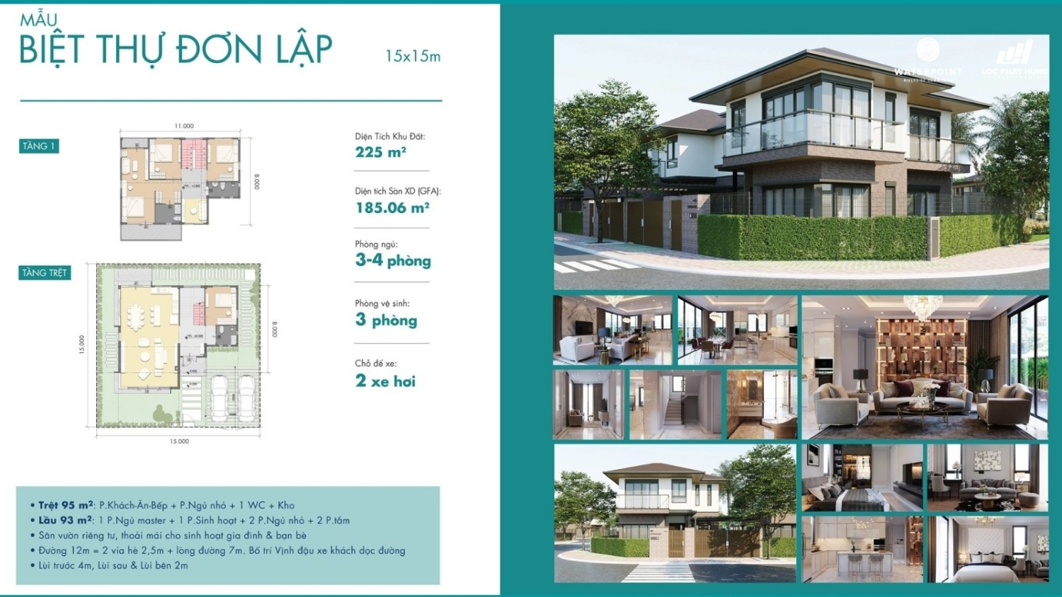 Nhà mẫu biệt thự đơn lập dự án WaterPoint Bến Lức Diện tích 15x15