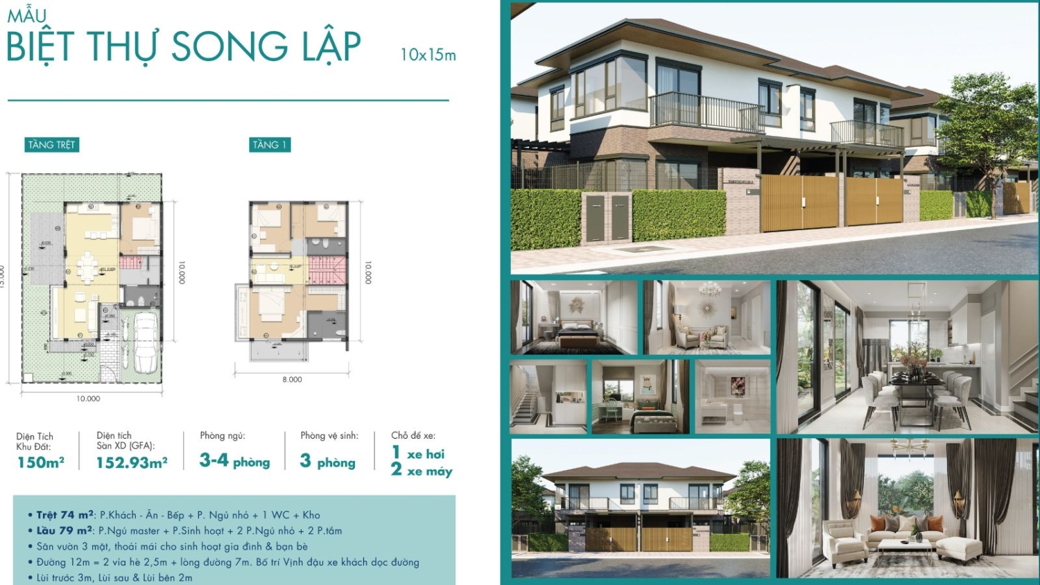 Nhà mẫu biệt thự song lập dự án WaterPoint Bến Lức Diện tích 10x15
