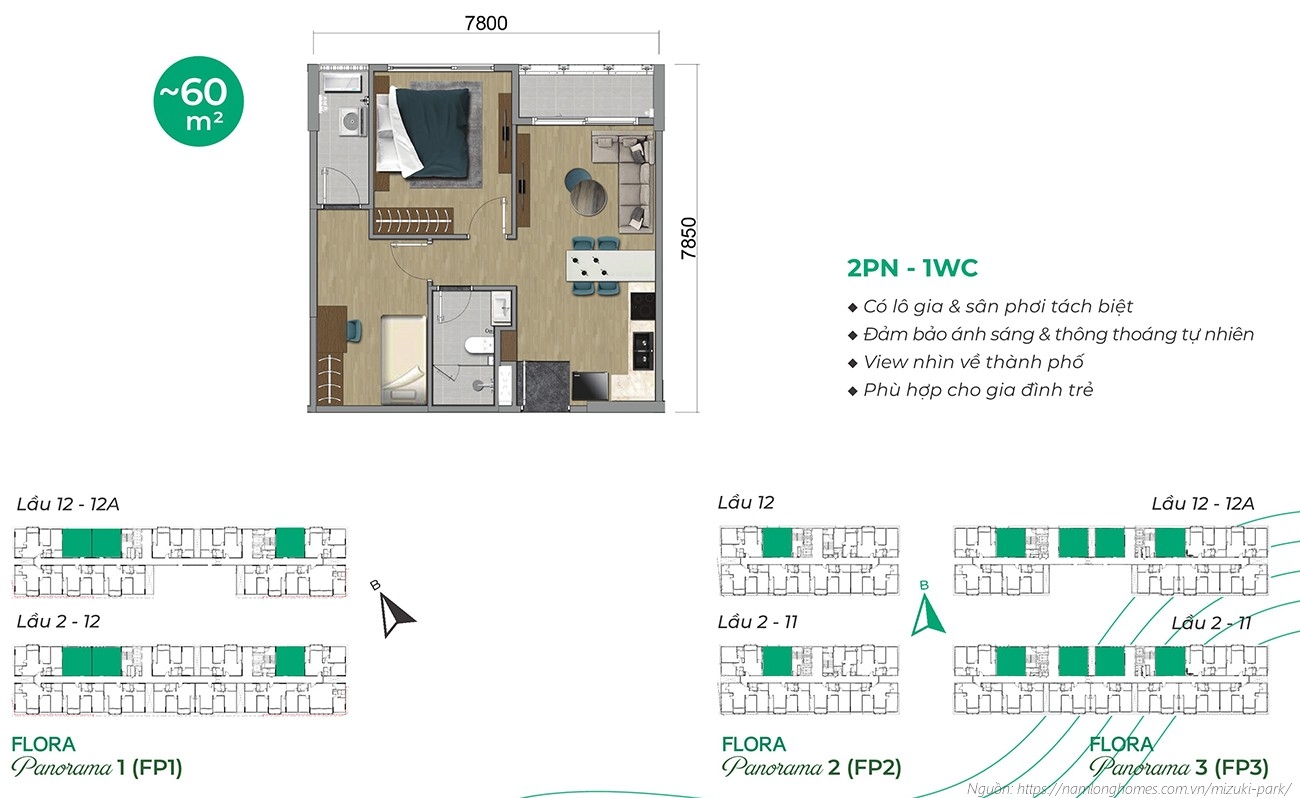 Thiết kế chi tiết căn hộ Mizuki Park - diện tích 60m²