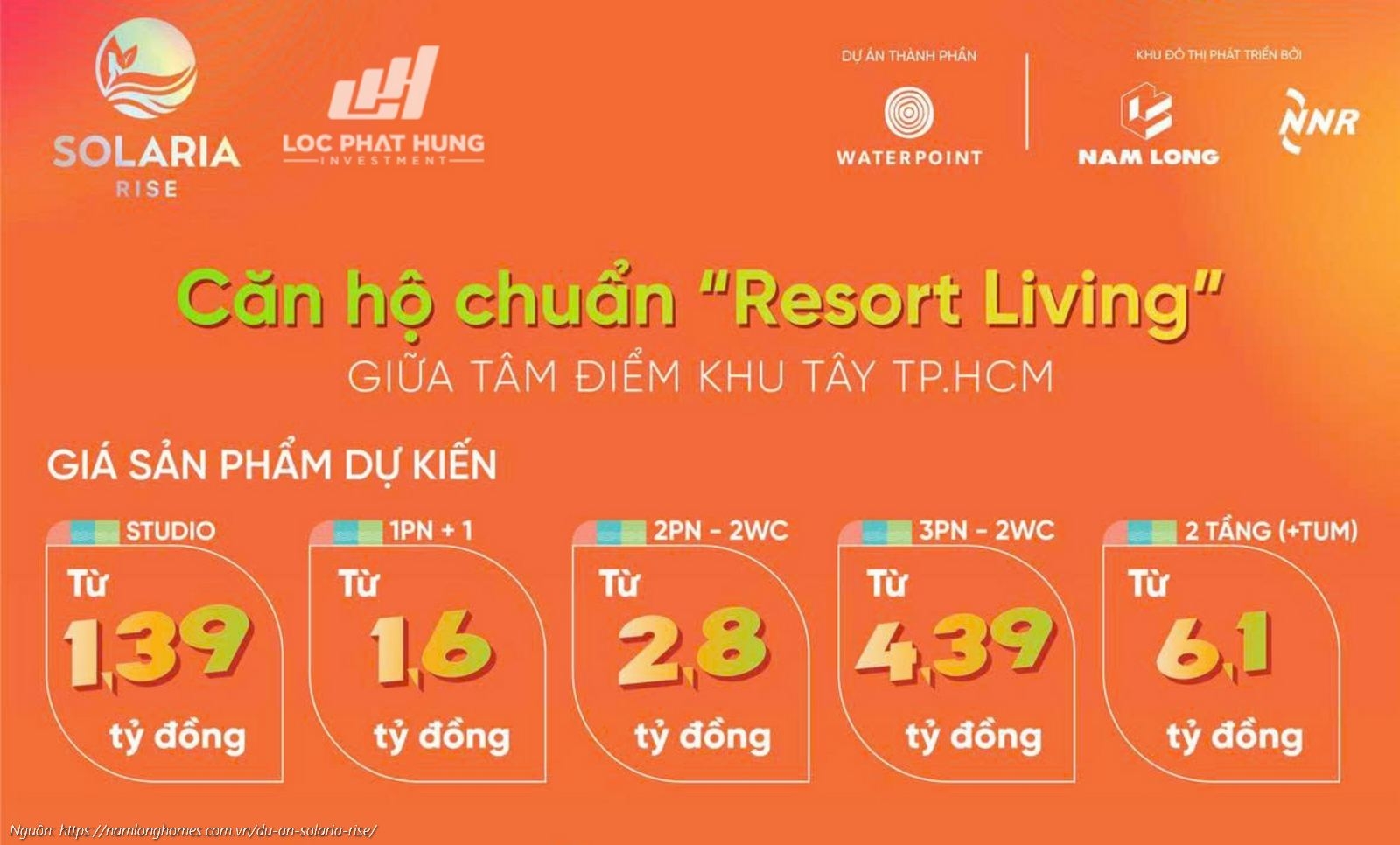 Bảng giá bán dự kiến chi tiết từng loại căn hộ Solaria Rise: Studio, 1PN+1, 2PN, 3PN