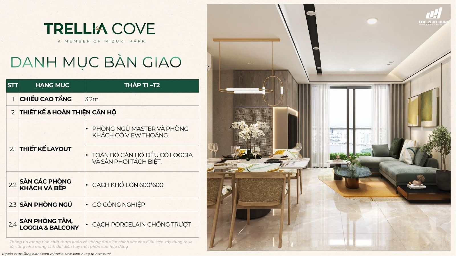 Danh mục bàn giao dự án Trellia Cove (dự kiến)