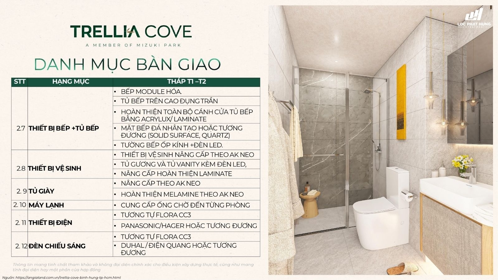 Danh mục bàn giao dự án Trellia Cove (dự kiến)