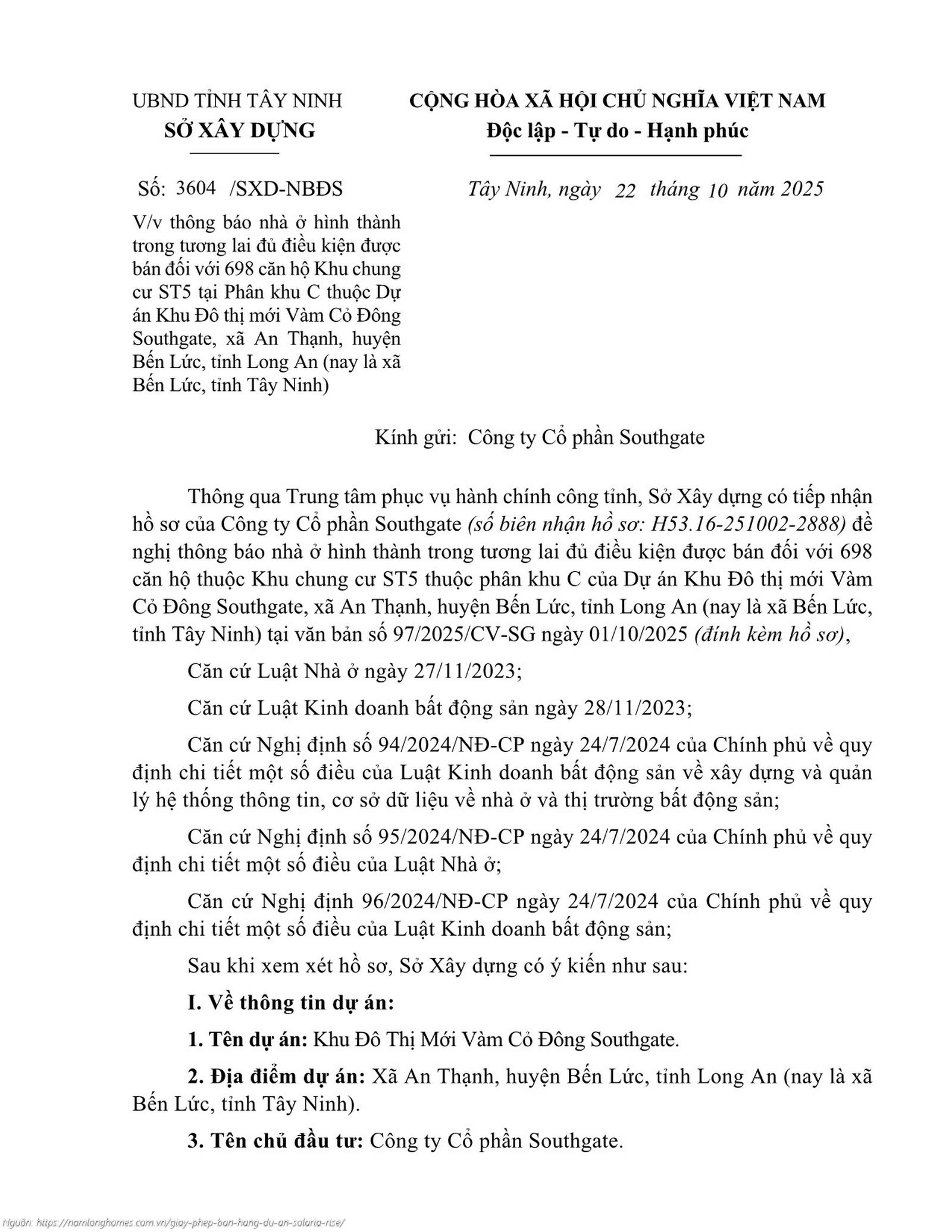 Giấy Phép Bán Hàng Dự án Căn Hộ Solaria Rise Waterpoint Bến Lức