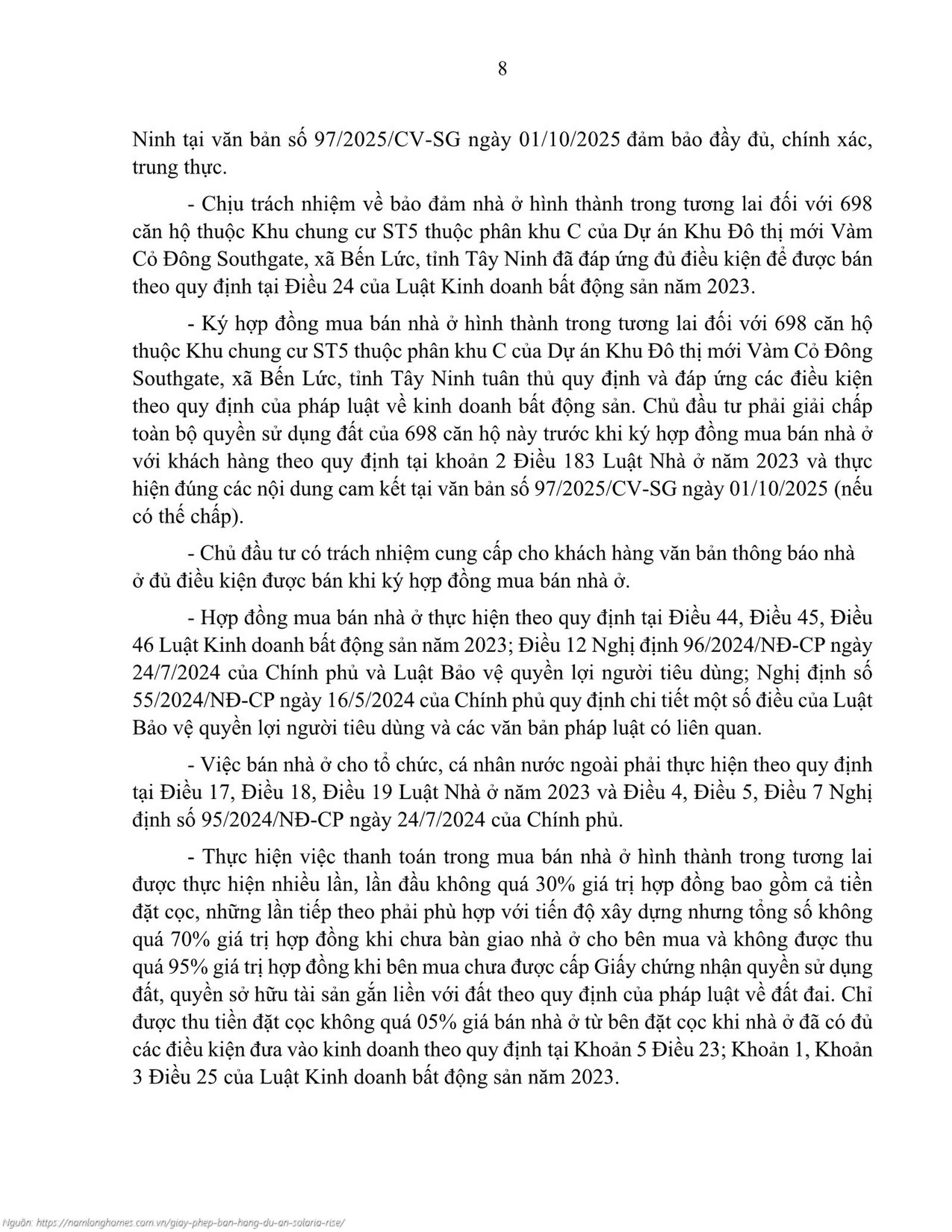 Giấy Phép Bán Hàng Dự án Căn Hộ Solaria Rise Waterpoint Bến Lức