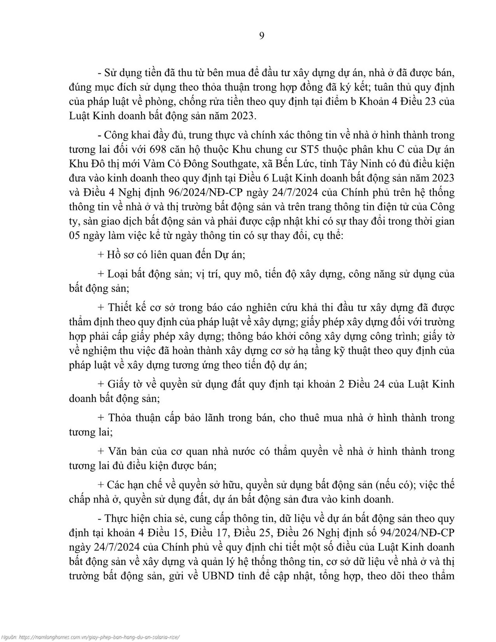 Giấy Phép Bán Hàng Dự án Căn Hộ Solaria Rise Waterpoint Bến Lức