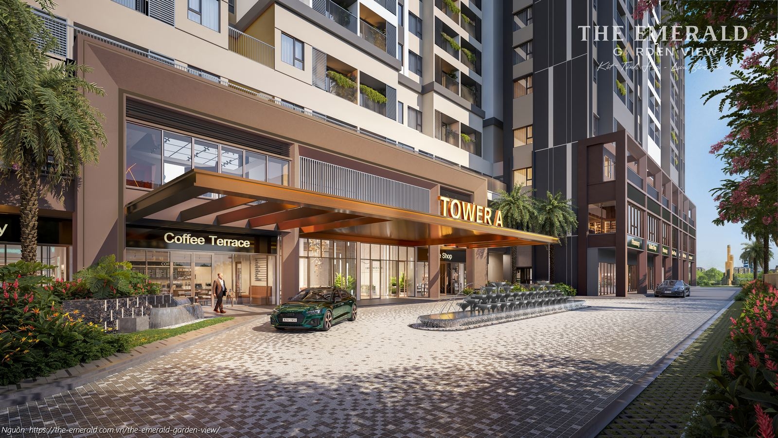 Phối cảnh mặt tiền trung tâm thương mại và hệ thống Shophouse khối đế The Emerald Garden View