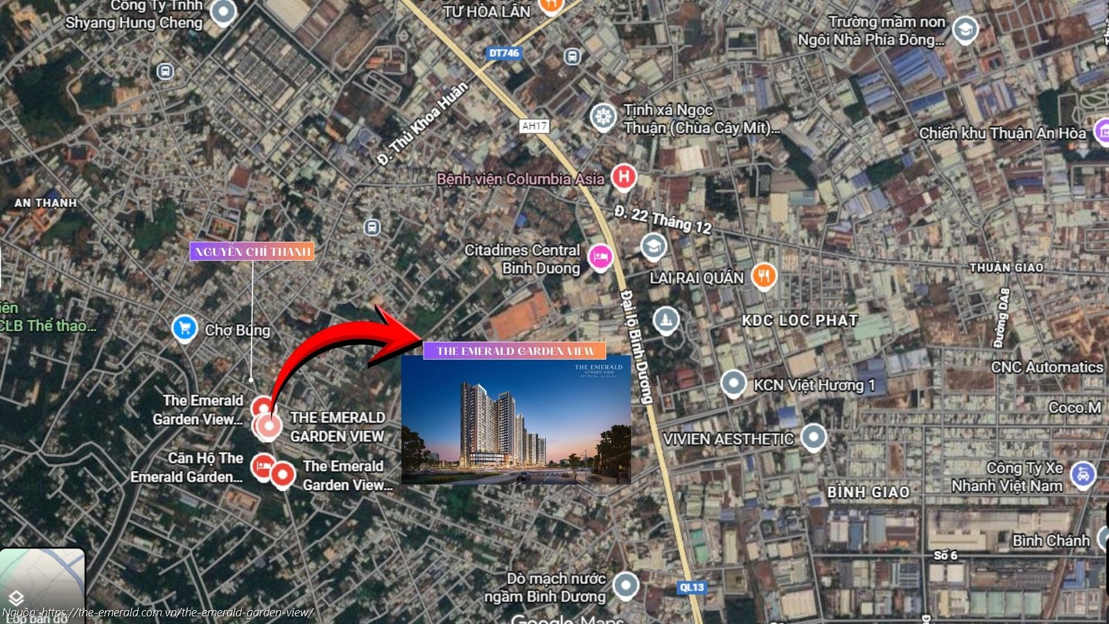 Vị trí dự án The Emerald Garden View trên Google Maps ngay mặt tiền Nguyễn Chí Thanh