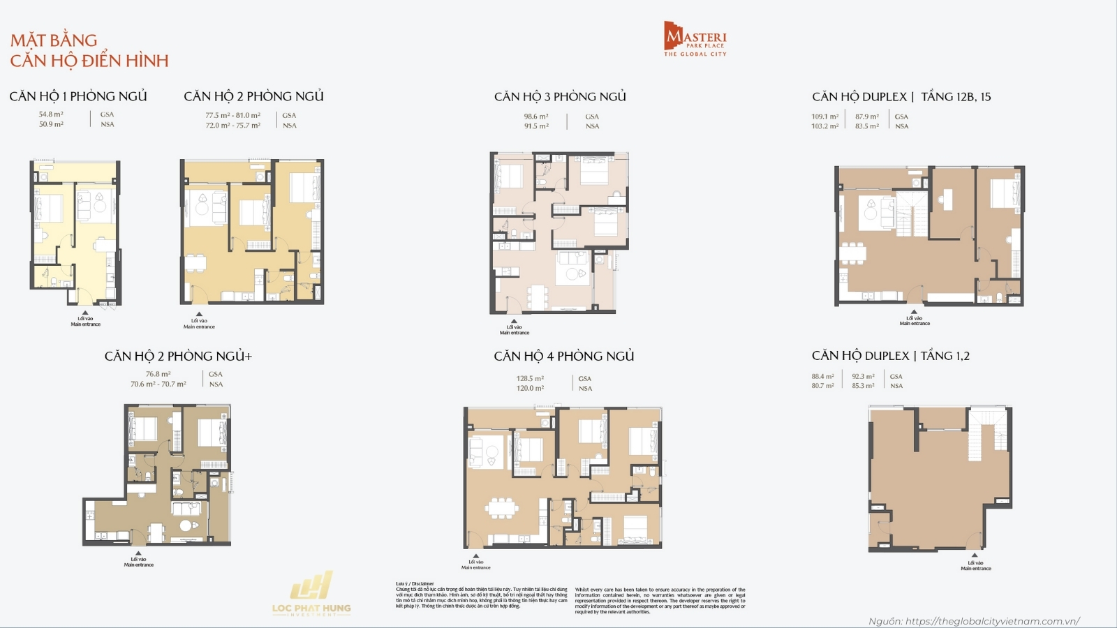 Mặt bằng các loại căn hộ điển hình Masteri Park Place