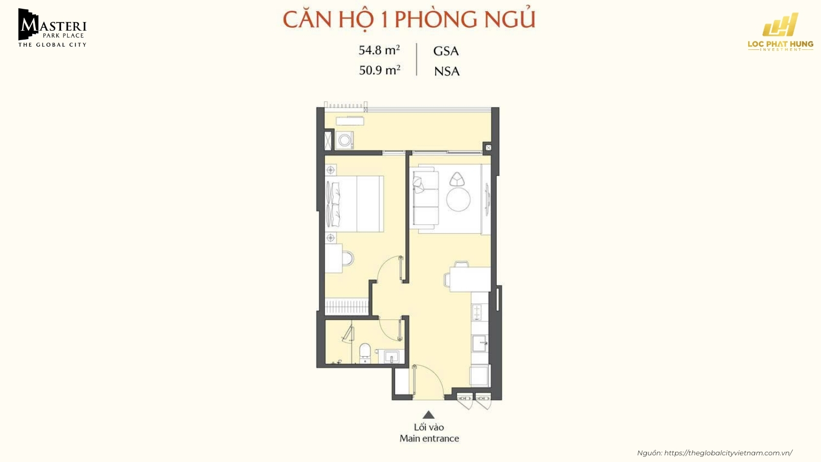 Mặt bằng chi tiết căn hộ 1 phòng ngủ Masteri Park Place 