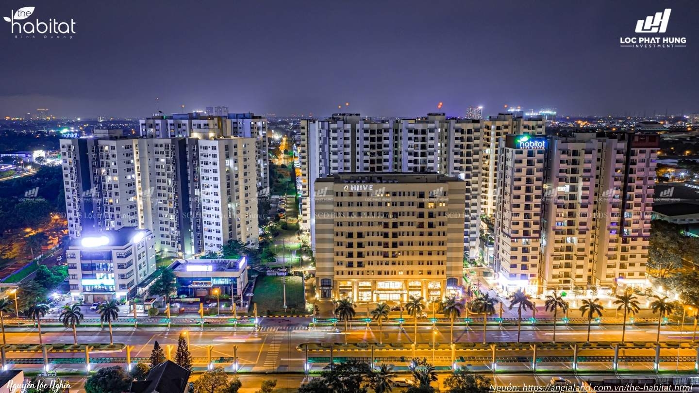 Phối cảnh tổng thể về đêm dự án The Habitat Bình Dương