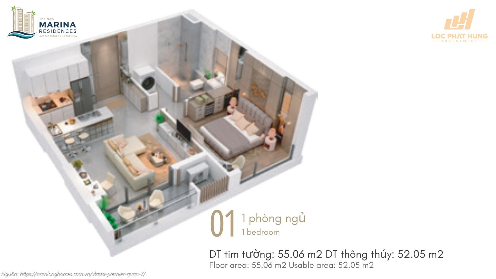 Thiết kế chi tiết căn hộ mã 01 loại 1PN diện tích 55.06m2 dự án Vlasta Premier Quận 7