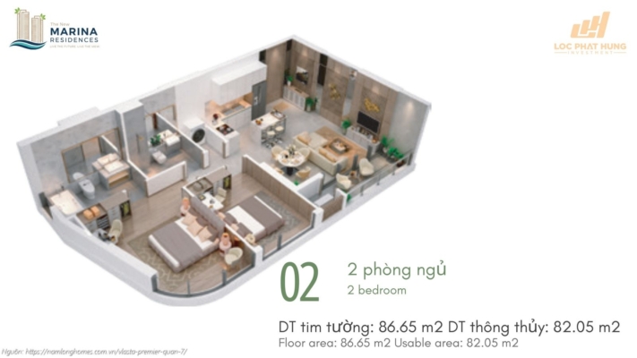 Thiết kế chi tiết căn hộ mã 02 loại 2PN diện tích 86.65m2 dự án Vlasta Premier Quận 7