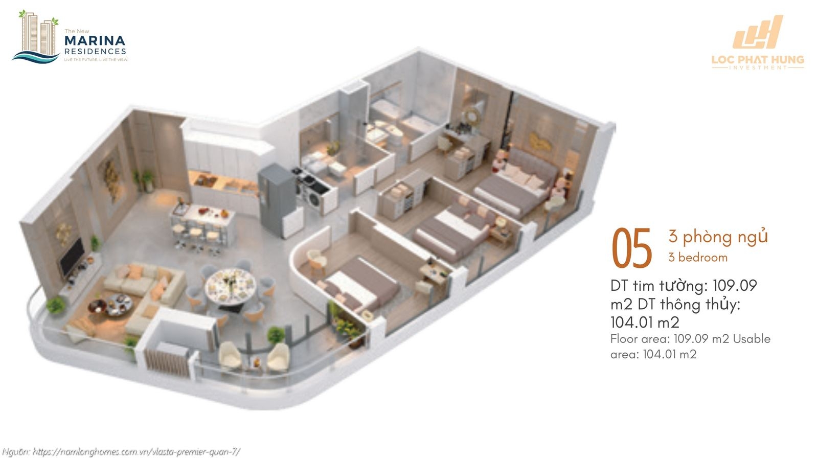 Thiết kế chi tiết căn hộ mã 05 loại 3PN diện tích 109.09m2 dự án Vlasta Premier Quận 7