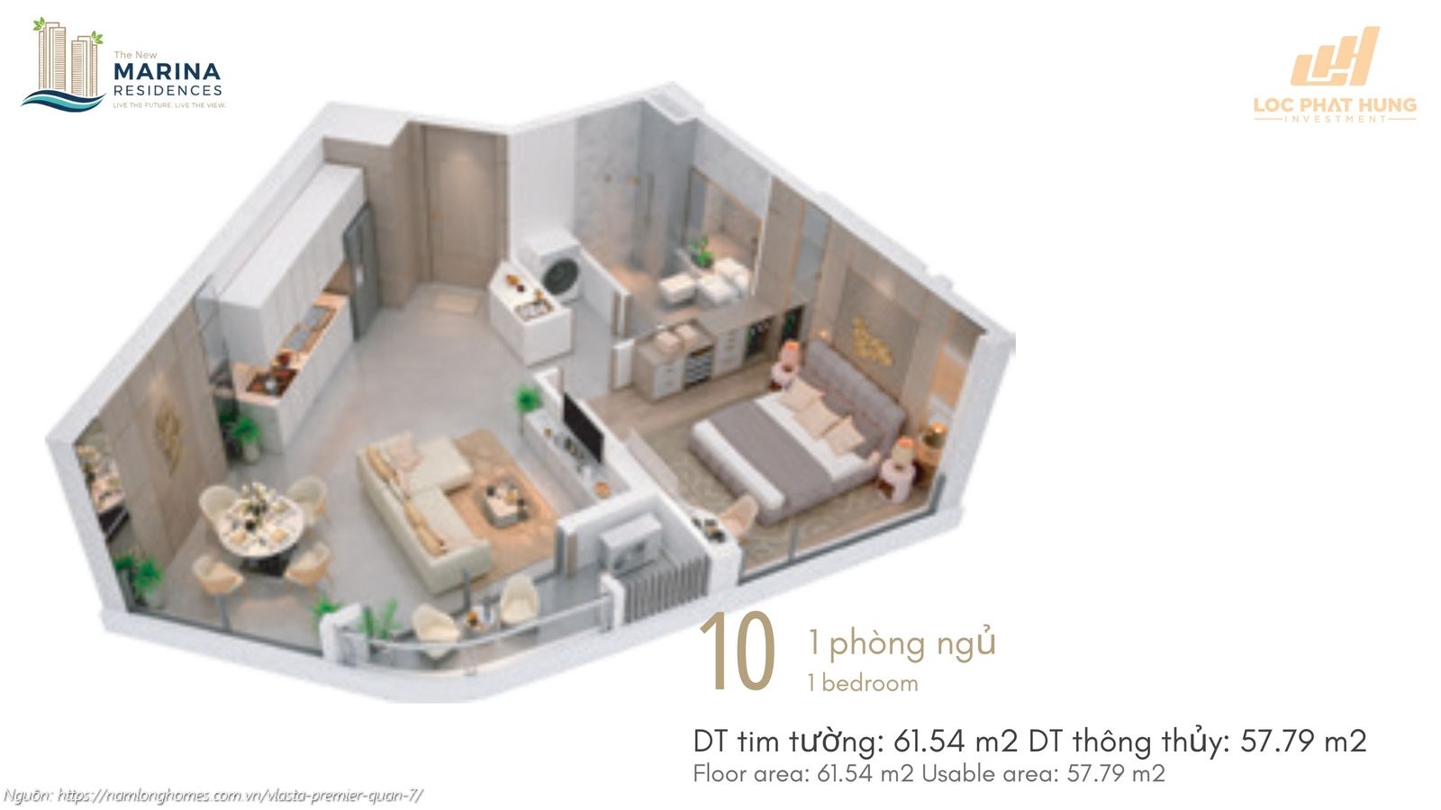 Thiết kế chi tiết căn hộ mã 10 loại 1PN diện tích 61.54m2 dự án Vlasta Premier Quận 7