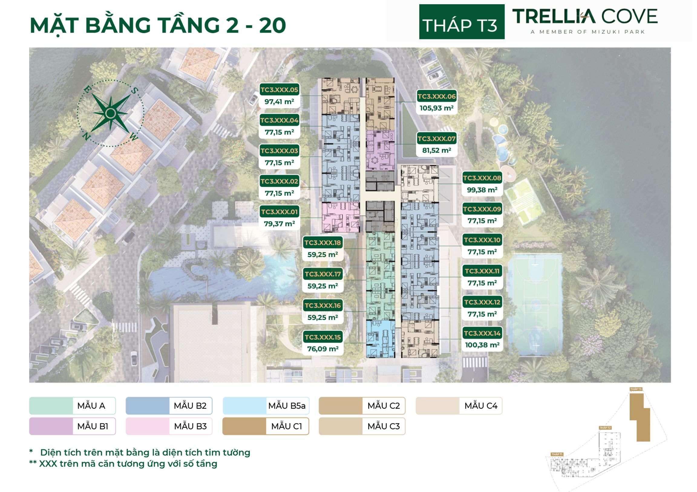 Mặt bằng tầng điển hình tầng 2-20 tháp TC3 căn hộ chung cư Trellia Cove Bình Chánh, xã Bình Hưng
