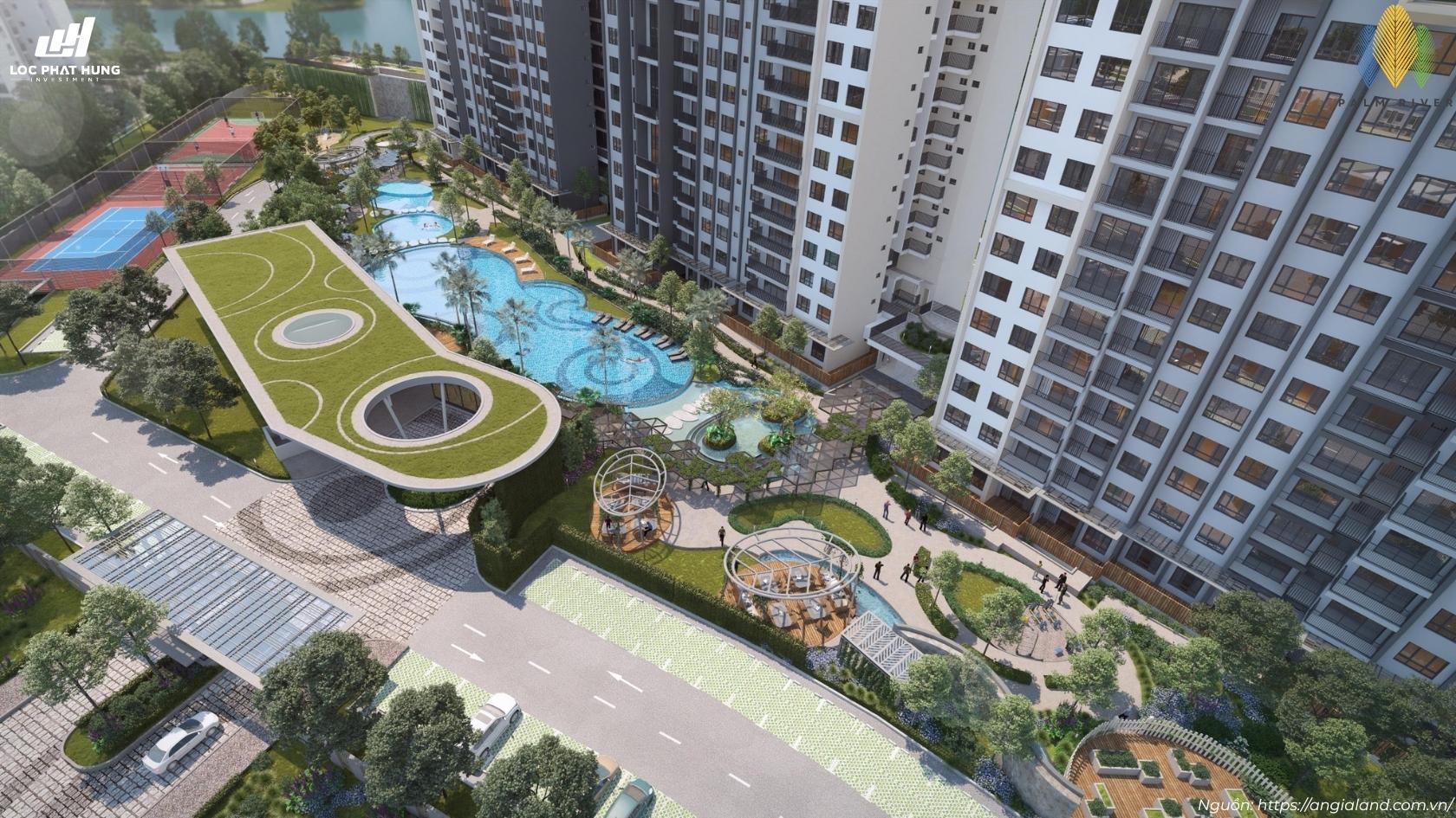Phối cảnh tổng thể hồ bơi và tiện ích nội khu dự án Palm River Quận 2