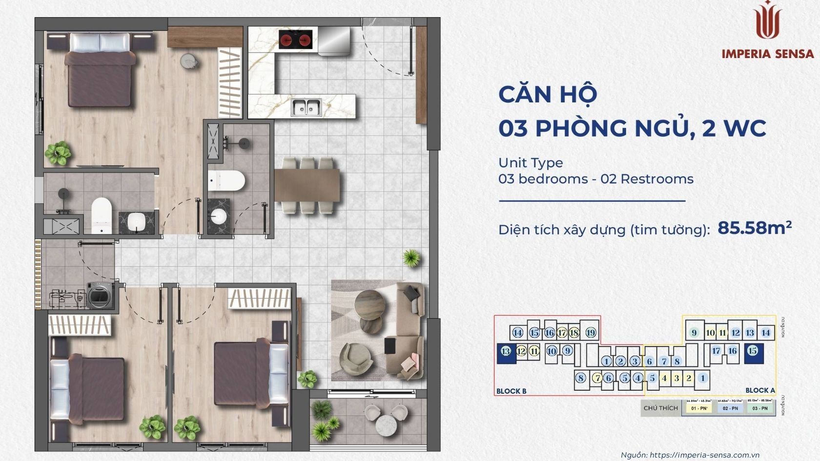 Layout căn hộ 3PN-2WC tối ưu công năng dự án Imperia Sensa MIK