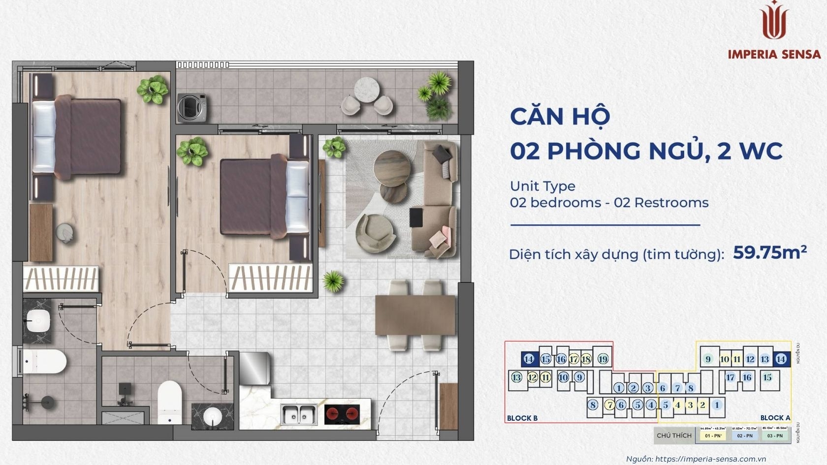 Thiết kế căn hộ 2 phòng ngủ 2 vệ sinh tại Imperia Sensa MIK