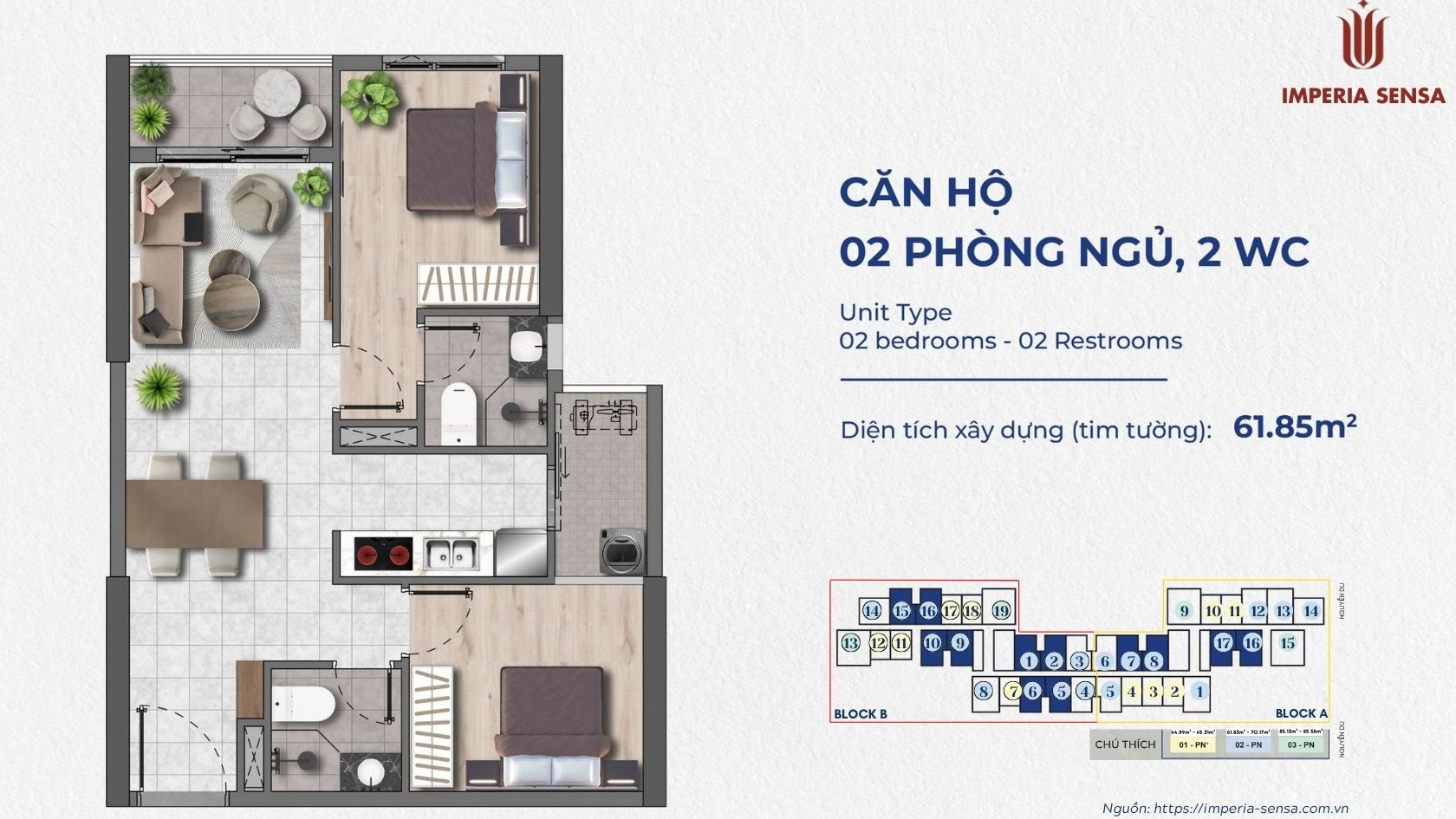 Thiết kế căn hộ 2 phòng ngủ 2 vệ sinh tại Imperia Sensa MIK