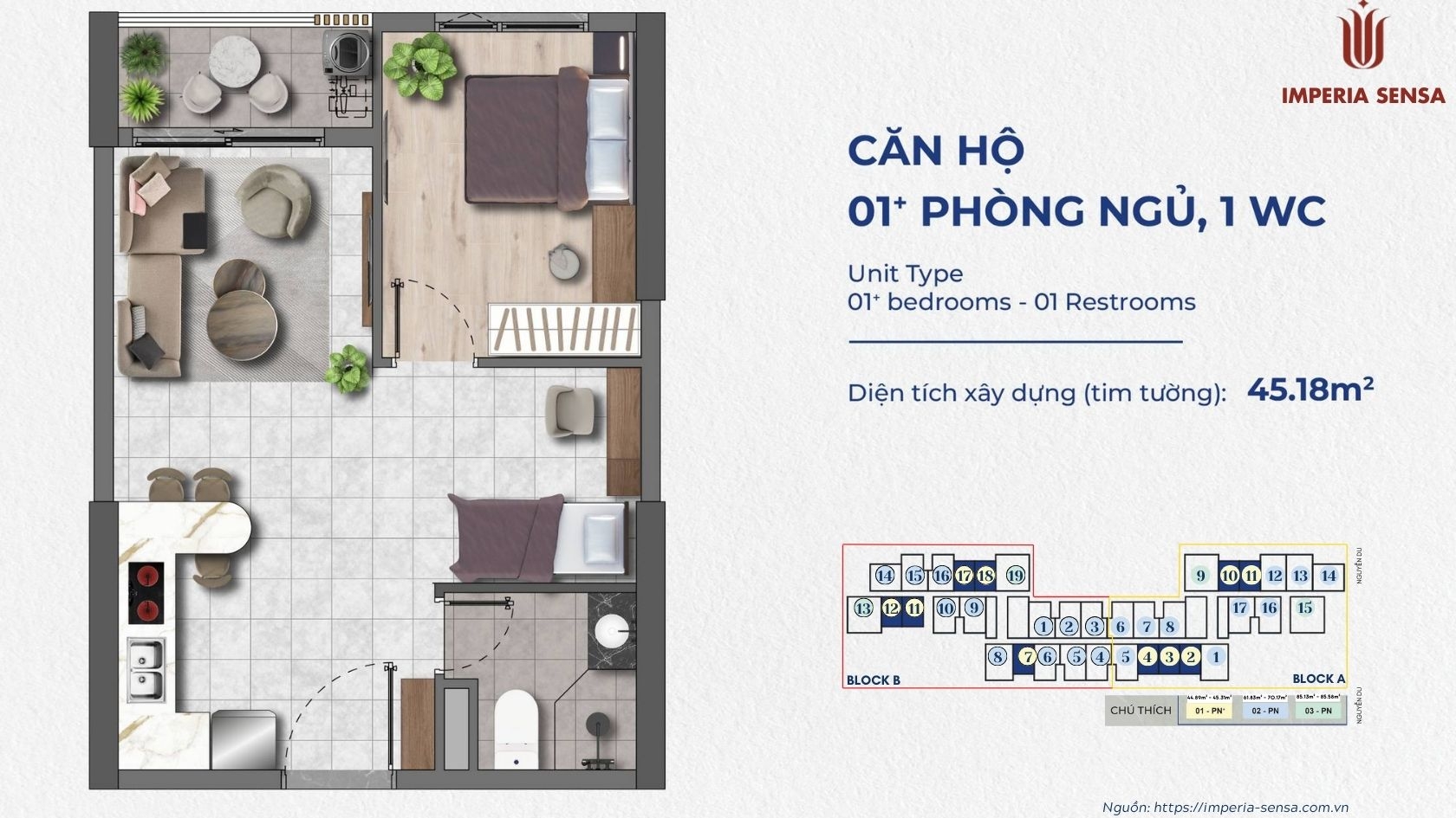 Layout căn hộ 1PN+ thông minh dự án Imperia Sensa MIK