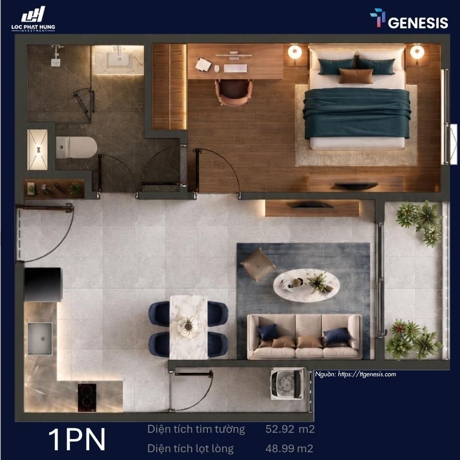 layout thiết kế chi tiết các loại căn hộ từ 1 phòng ngủ đến 3 phòng ngủ tại dự án TT Genesis