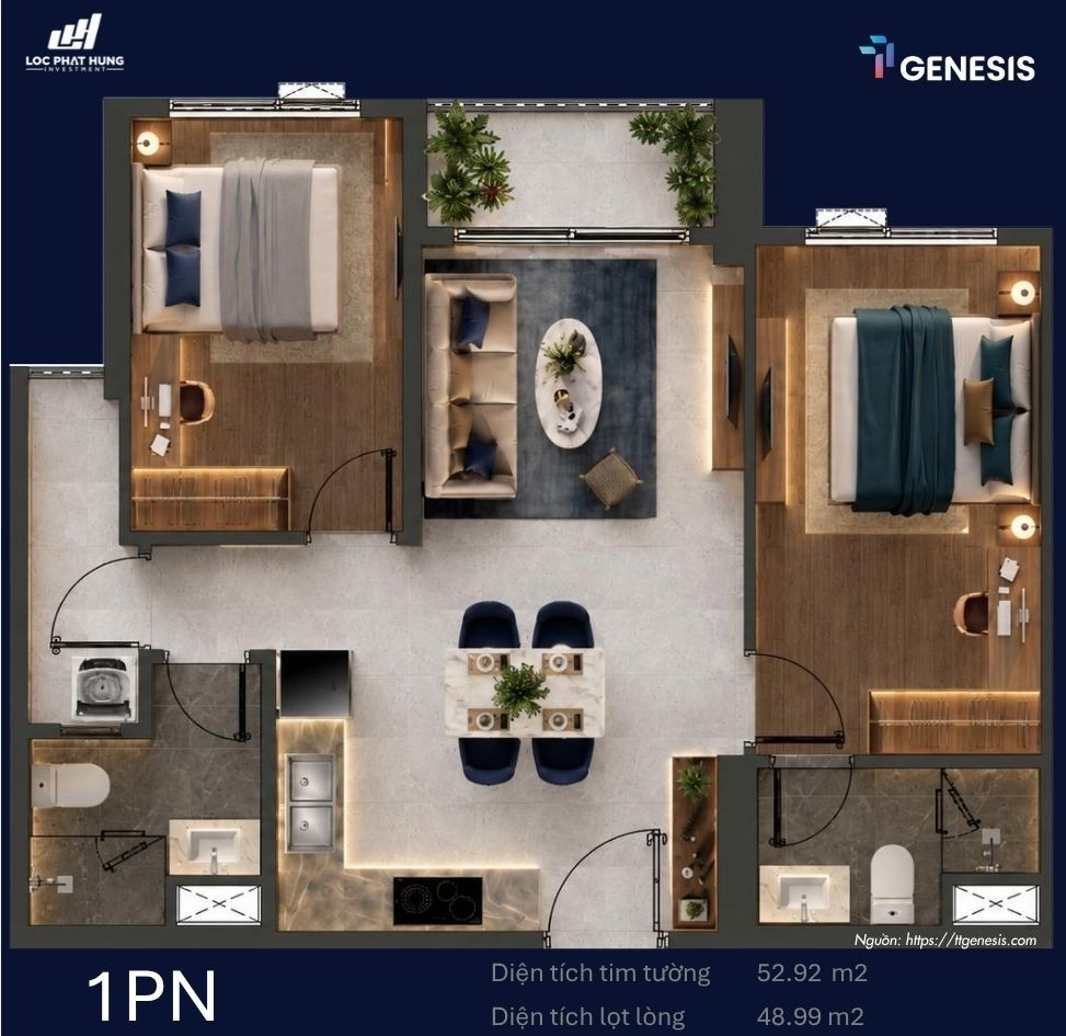 layout thiết kế chi tiết các loại căn hộ từ 1 phòng ngủ đến 3 phòng ngủ tại dự án TT Genesis