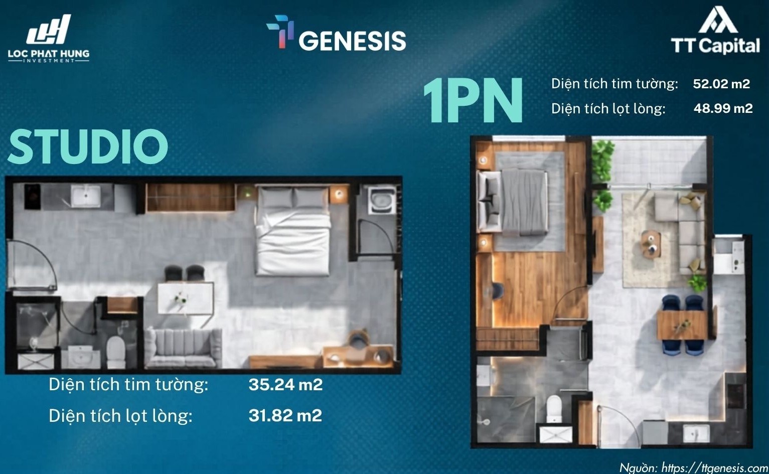Chi tiết thiết kế layout các loại căn hộ từ 1 phòng ngủ đến 3 phòng ngủ tại dự án TT Genesis Nhà Bè