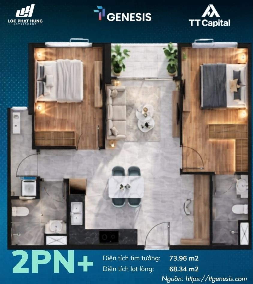 Chi tiết thiết kế layout các loại căn hộ từ 1 phòng ngủ đến 3 phòng ngủ tại dự án TT Genesis Nhà Bè
