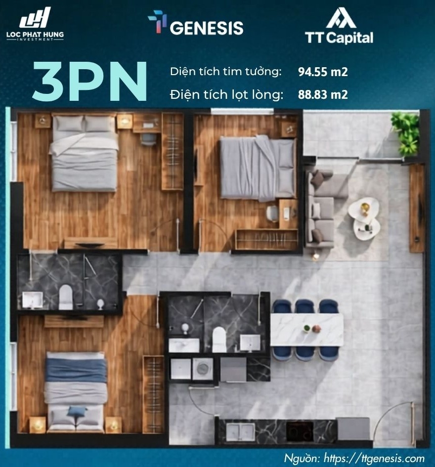 Chi tiết thiết kế layout các loại căn hộ từ 1 phòng ngủ đến 3 phòng ngủ tại dự án TT Genesis Nhà Bè