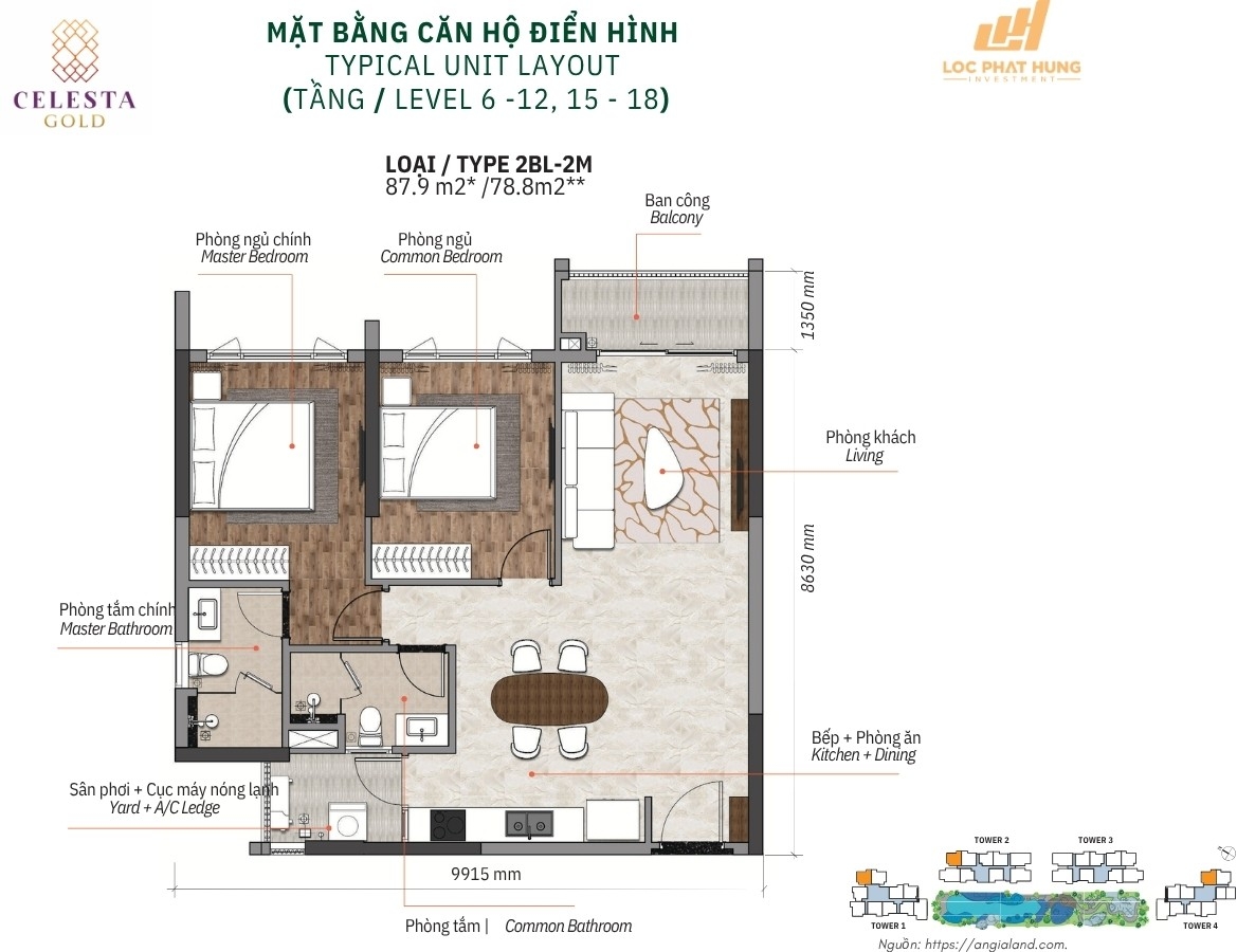 Mặt Bằng Thiết Kế Chi Tiết Căn Hộ 2 Phòng Ngủ Celesta Gold