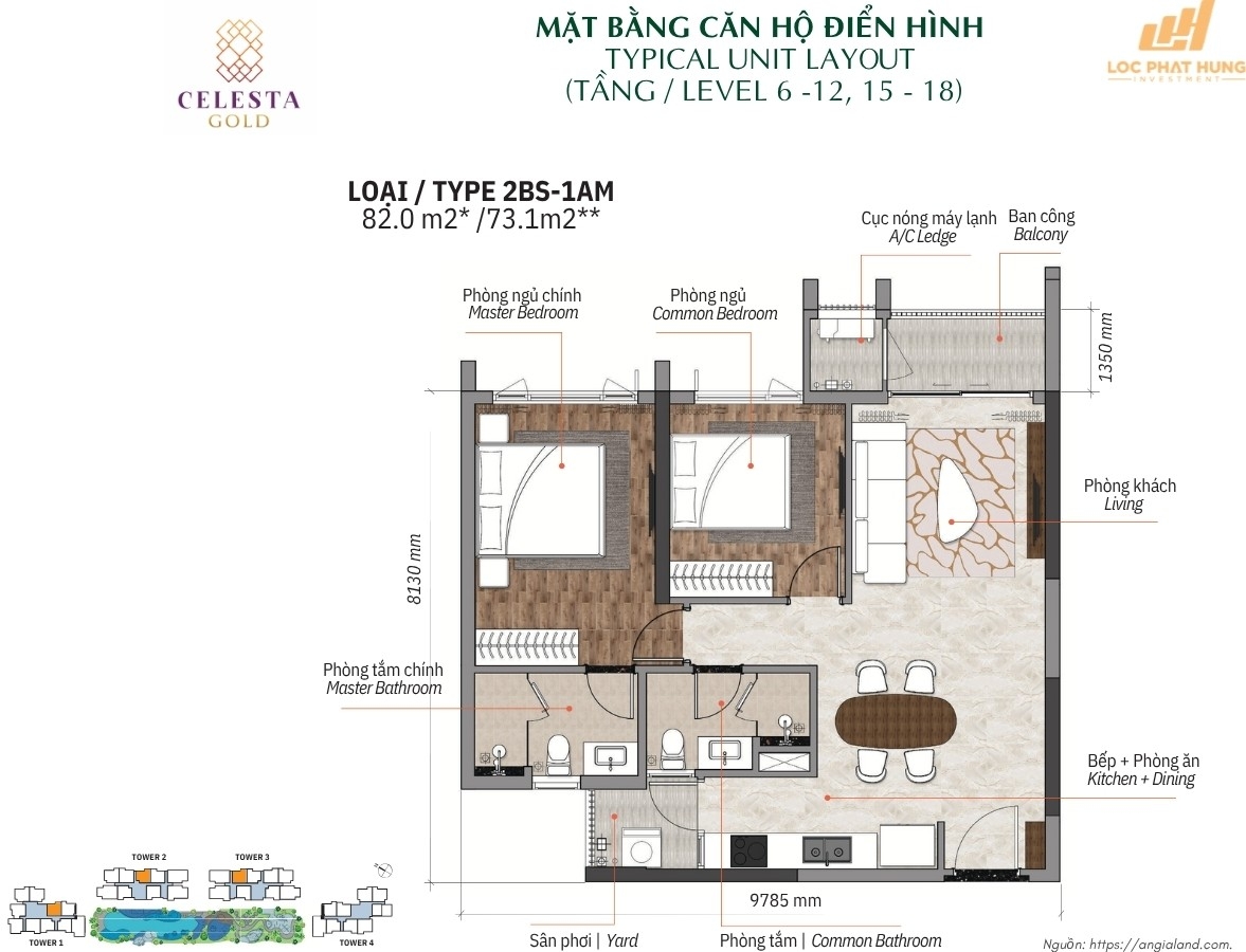 Mặt Bằng Thiết Kế Chi Tiết Căn Hộ 2 Phòng Ngủ Celesta Gold