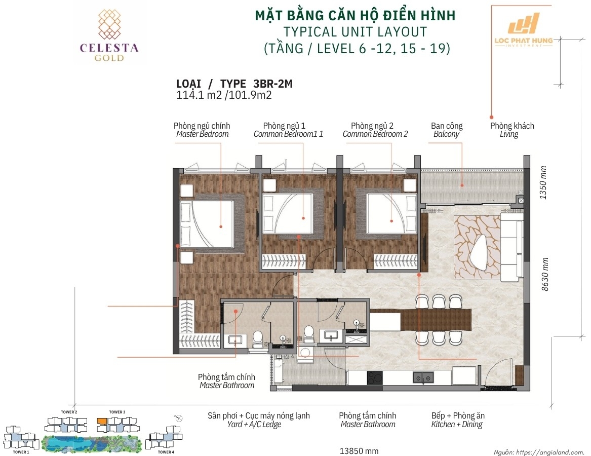 Mặt Bằng Thiết Kế Chi Tiết Căn Hộ 3 Phòng Ngủ Celesta Gold