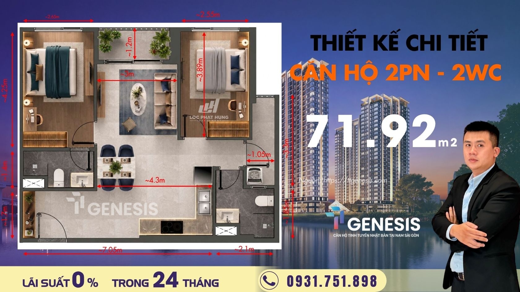 Thiết Kế Căn Hộ 2 Phòng Ngủ TT Genesis 