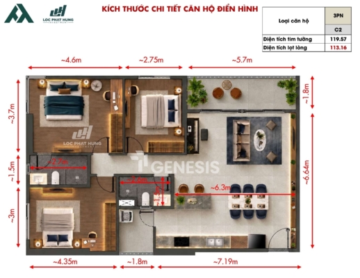 Thiết Kế Căn Hộ 3 Phòng Ngủ TT Genesis
