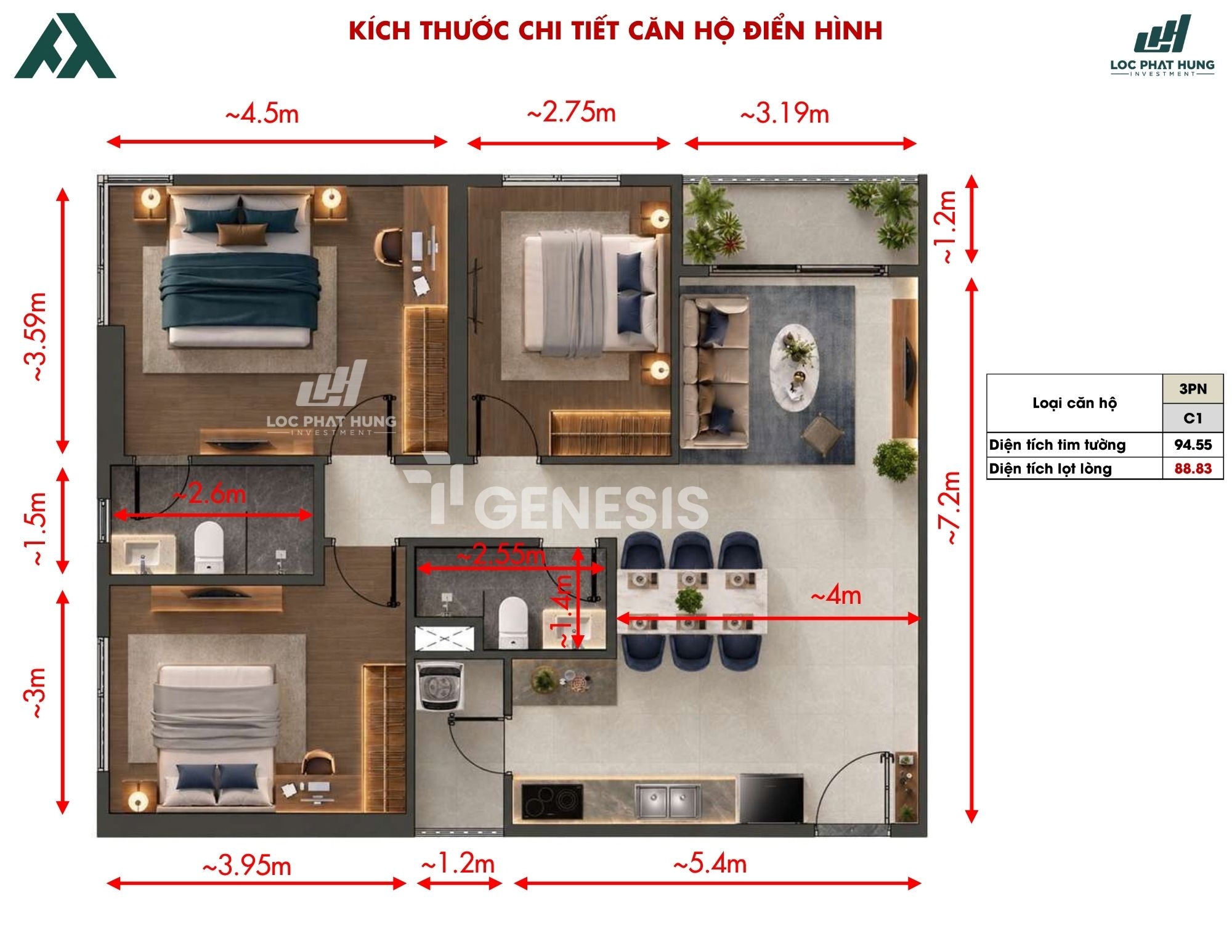 Thiết Kế Căn Hộ 3 Phòng Ngủ TT Genesis